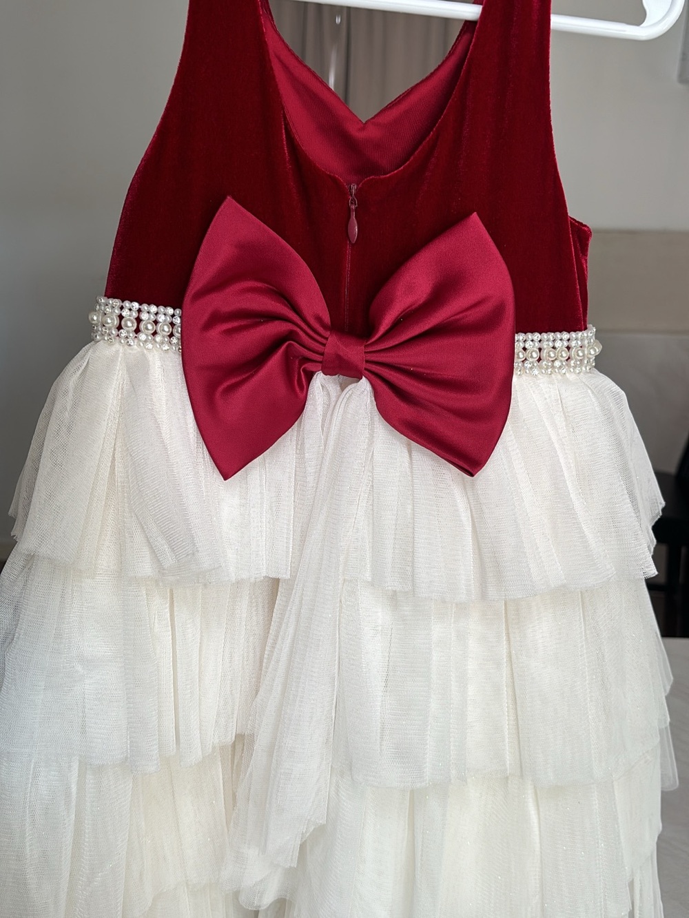 Girls Burgundy and Ivory Bow Tiered Party Dress